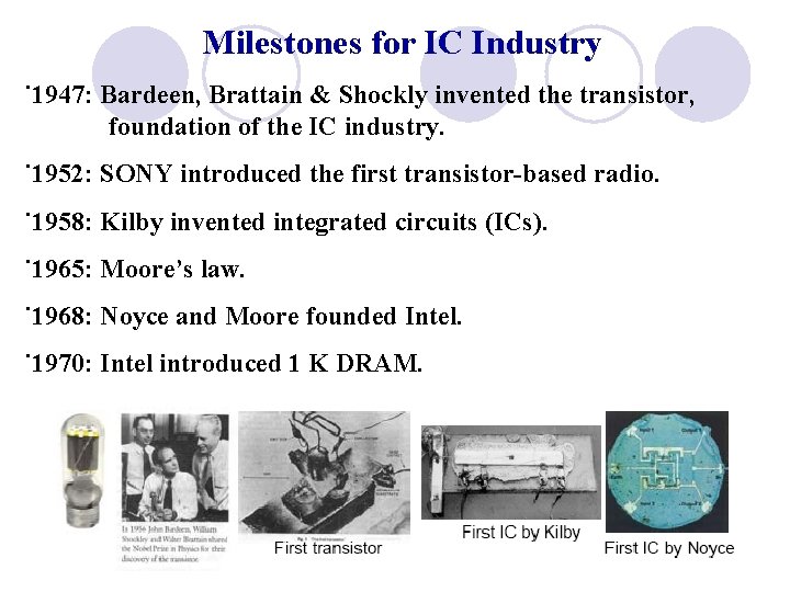 Milestones for IC Industry ˙ 1947: Bardeen, Brattain & Shockly invented the transistor, foundation