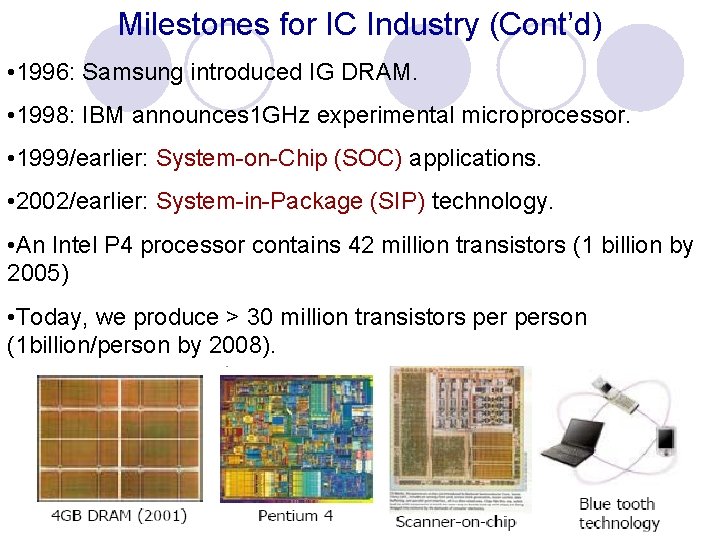 Milestones for IC Industry (Cont’d) • 1996: Samsung introduced IG DRAM. • 1998: IBM