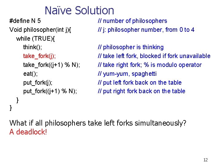 Naïve Solution #define N 5 Void philosopher(int j){ while (TRUE){ think(); take_fork(j); take_fork((j+1) %