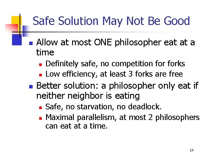 Safe Solution May Not Be Good n Allow at most ONE philosopher eat at