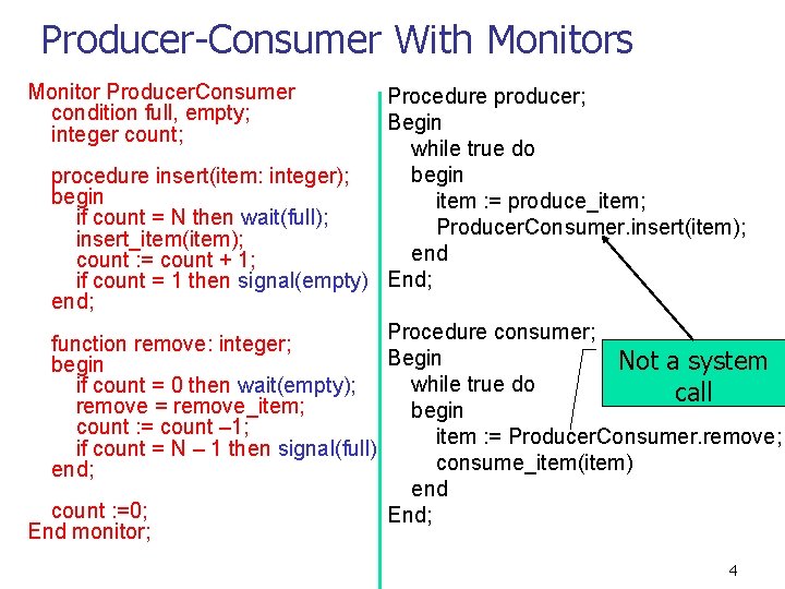 Producer-Consumer With Monitors Monitor Producer. Consumer condition full, empty; integer count; Procedure producer; Begin