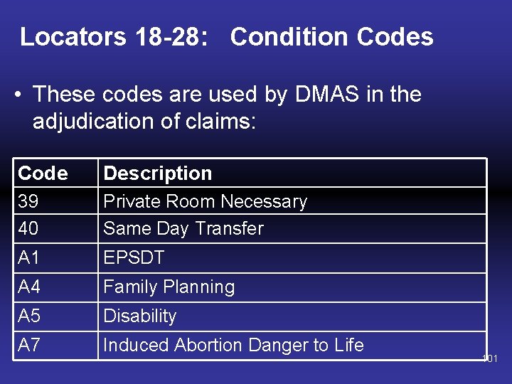 Locators 18 -28: Condition Codes • These codes are used by DMAS in the