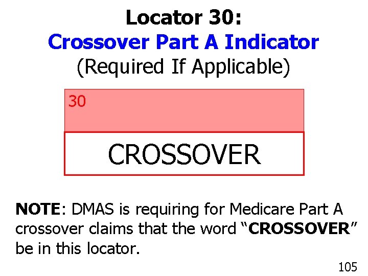 Locator 30: Crossover Part A Indicator (Required If Applicable) 30 CROSSOVER NOTE: DMAS is