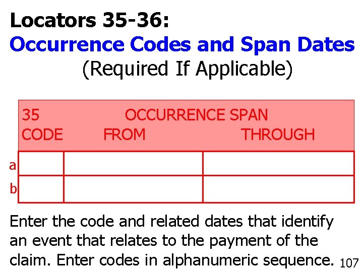 Locators 35 -36: Occurrence Codes and Span Dates (Required If Applicable) 35 CODE OCCURRENCE