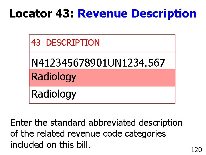Locator 43: Revenue Description 43 DESCRIPTION N 412345678901 UN 1234. 567 Radiology Enter the