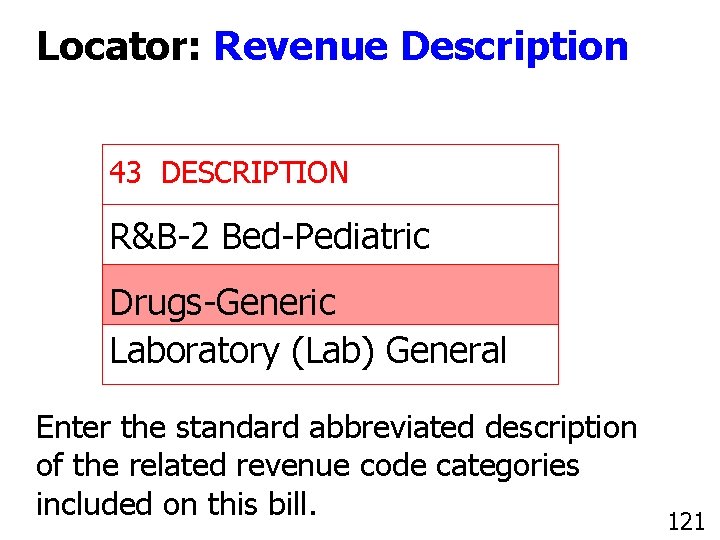 Locator: Revenue Description 43 DESCRIPTION R&B-2 Bed-Pediatric Drugs-Generic Laboratory (Lab) General Enter the standard