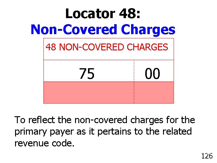 Locator 48: Non-Covered Charges 48 NON-COVERED CHARGES 75 00 To reflect the non-covered charges