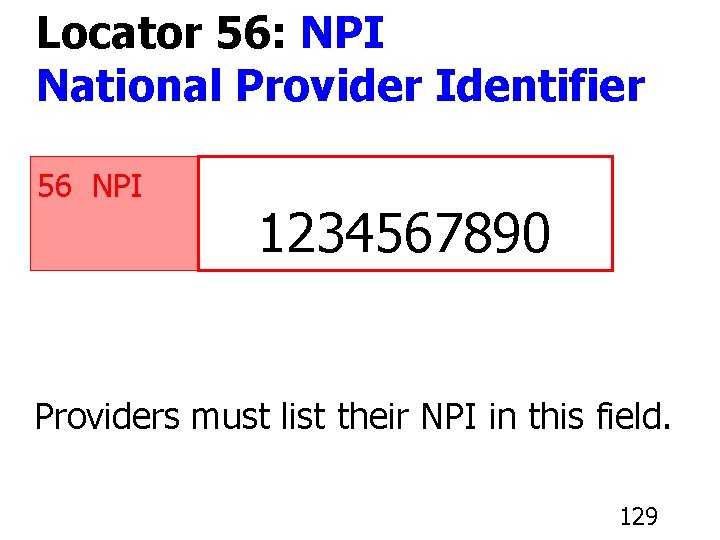 Locator 56: NPI National Provider Identifier 56 NPI 1234567890 Providers must list their NPI