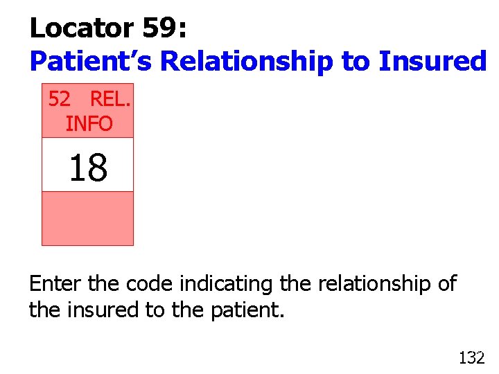 Locator 59: Patient’s Relationship to Insured 52 REL. INFO 18 Enter the code indicating