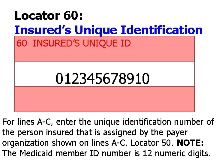 Locator 60: Insured’s Unique Identification 60 INSURED’S UNIQUE ID 012345678910 For lines A-C, enter