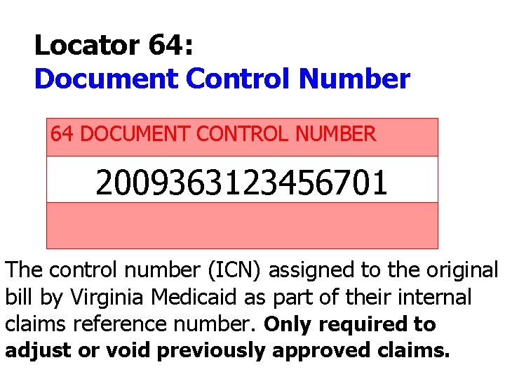 Locator 64: Document Control Number 64 DOCUMENT CONTROL NUMBER 2009363123456701 The control number (ICN)