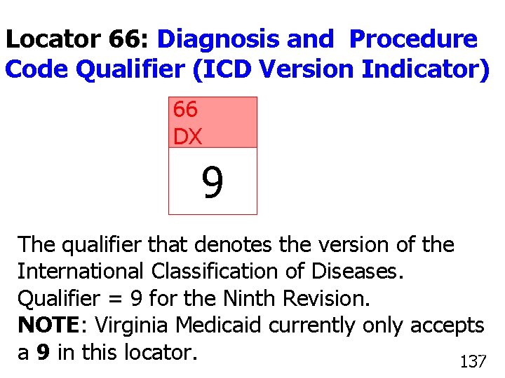 Locator 66: Diagnosis and Procedure Code Qualifier (ICD Version Indicator) 66 DX 9 The
