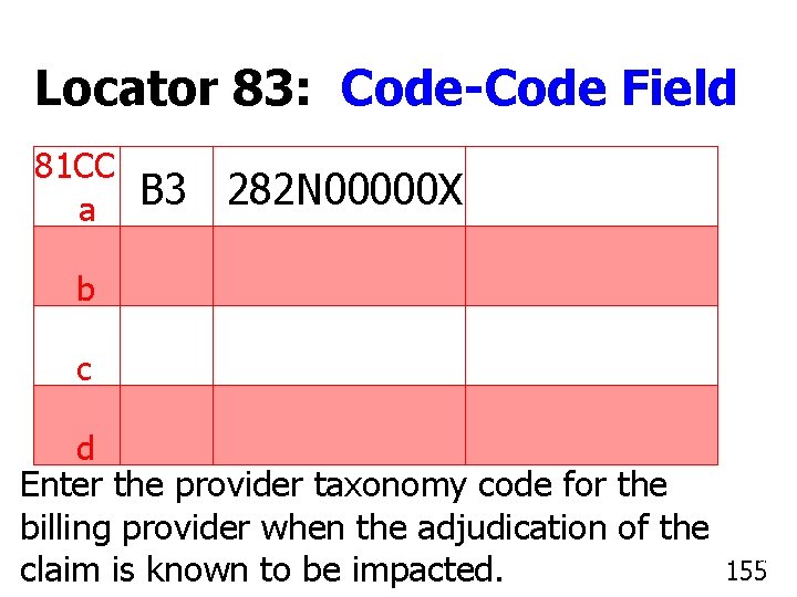 Locator 83: Code-Code Field 81 CC a B 3 282 N 00000 X b