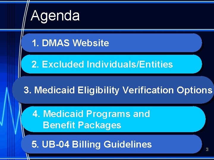 Agenda 1. DMAS Website 2. Excluded Individuals/Entities 3. Medicaid Eligibility Verification Options 4. Medicaid