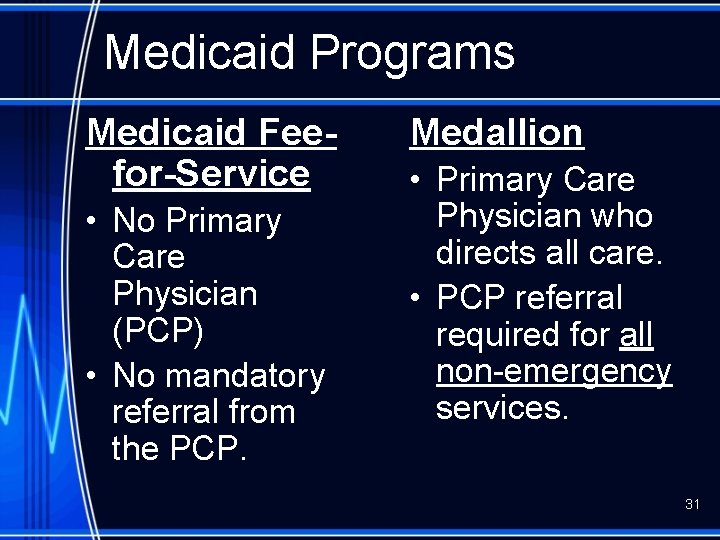 Medicaid Programs Medicaid Feefor-Service • No Primary Care Physician (PCP) • No mandatory referral