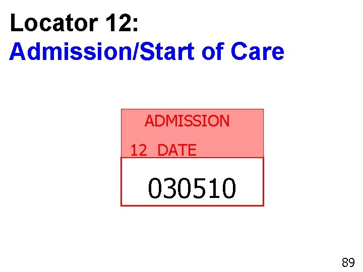 Locator 12: Admission/Start of Care ADMISSION 12 DATE 030510 89 89 
