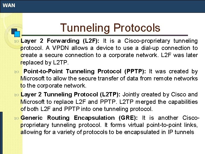 WAN Tunneling Protocols Layer 2 Forwarding (L 2 F): It is a Cisco-proprietary tunneling WAN Tunneling Protocols Layer 2 Forwarding (L 2 F): It is a Cisco-proprietary tunneling