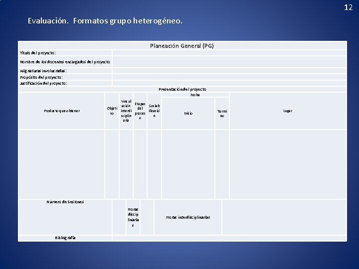 12 Evaluación. Formatos grupo heterogéneo. Planeación General (PG) Título del proyecto: Nombre de los