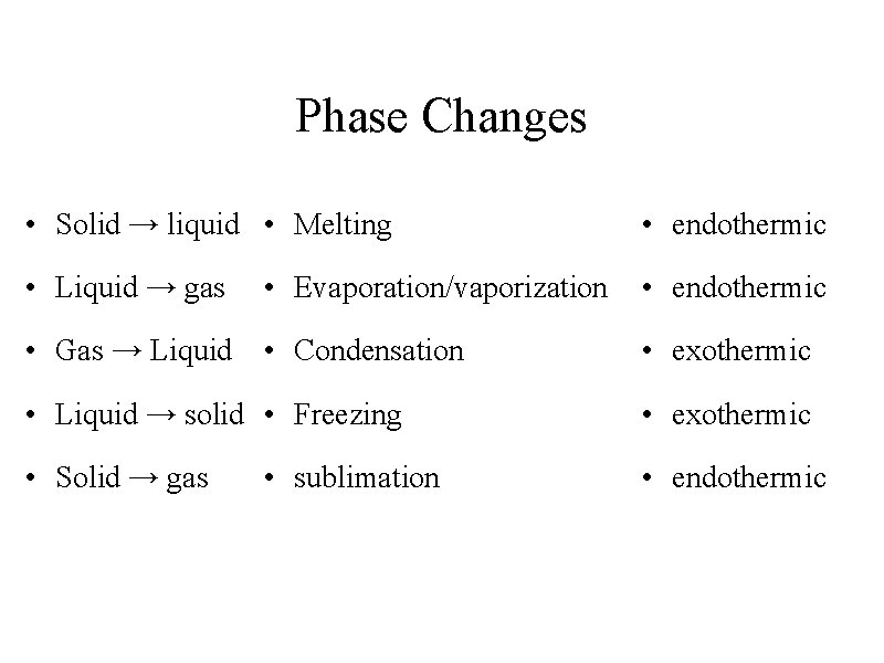 Phase Changes • Solid → liquid • Melting • endothermic • Liquid → gas