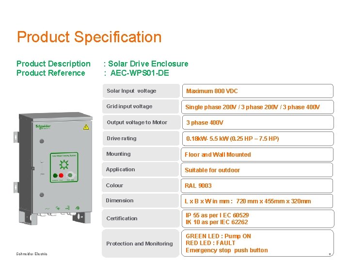 Product Specification Product Description Product Reference Schneider Electric : Solar Drive Enclosure : AEC-WPS