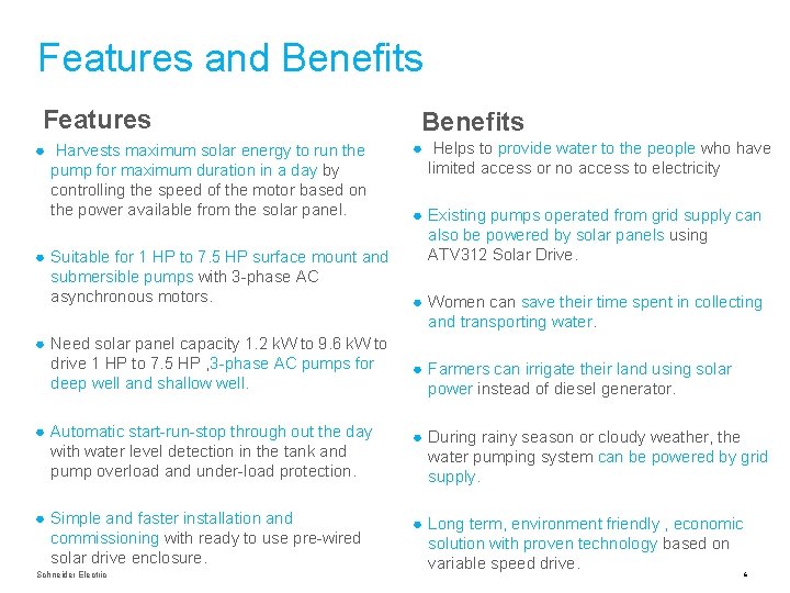 Features and Benefits Features ● Harvests maximum solar energy to run the pump for