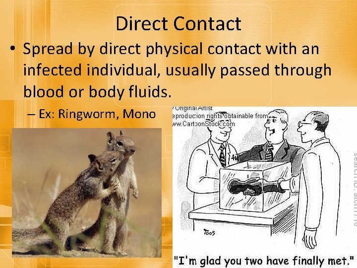 Direct Contact • Spread by direct physical contact with an infected individual, usually passed