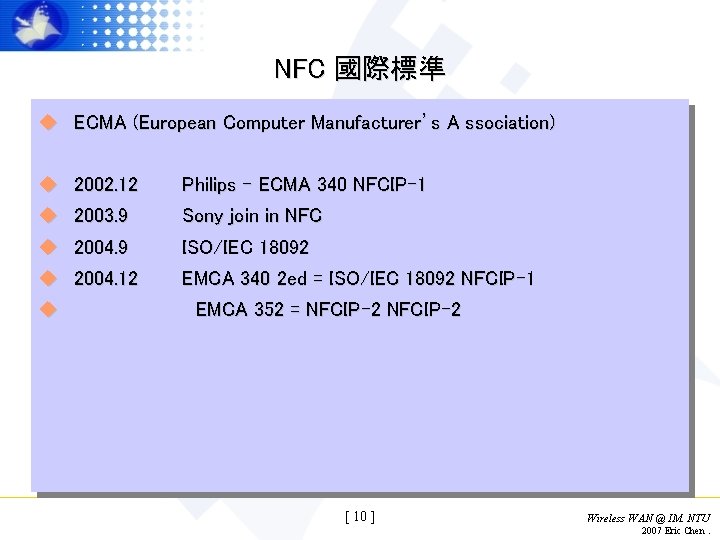 NFC 國際標準 u ECMA (European Computer Manufacturer’s A ssociation) u 2002. 12 u 2003.