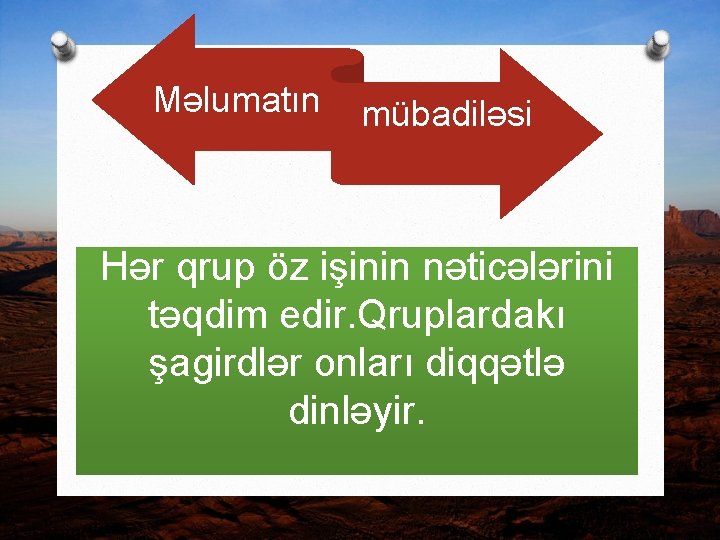 Məlumatın mübadiləsi Hər qrup öz işinin nəticələrini təqdim edir. Qruplardakı şagirdlər onları diqqətlə dinləyir.