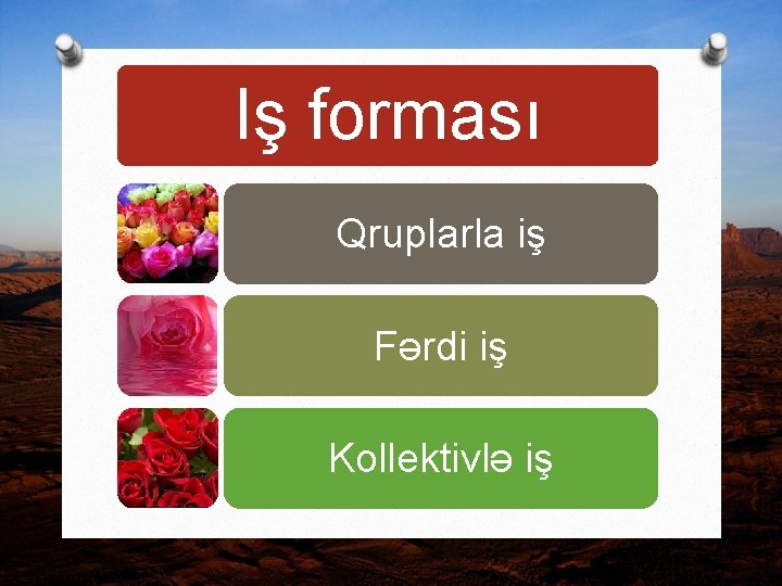 Iş forması Qruplarla iş Fərdi iş Kollektivlə iş 