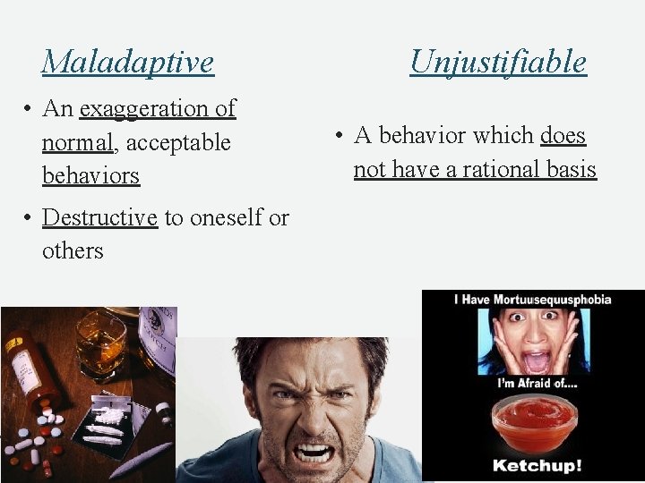 Maladaptive • An exaggeration of normal, acceptable behaviors • Destructive to oneself or others