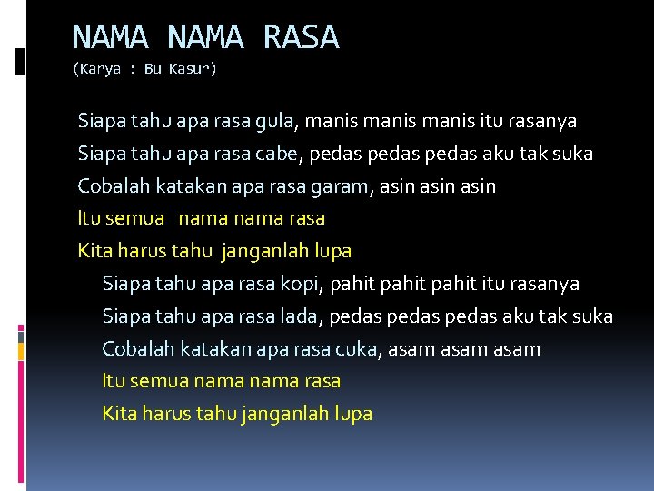 NAMA RASA (Karya : Bu Kasur) Siapa tahu apa rasa gula, manis itu rasanya