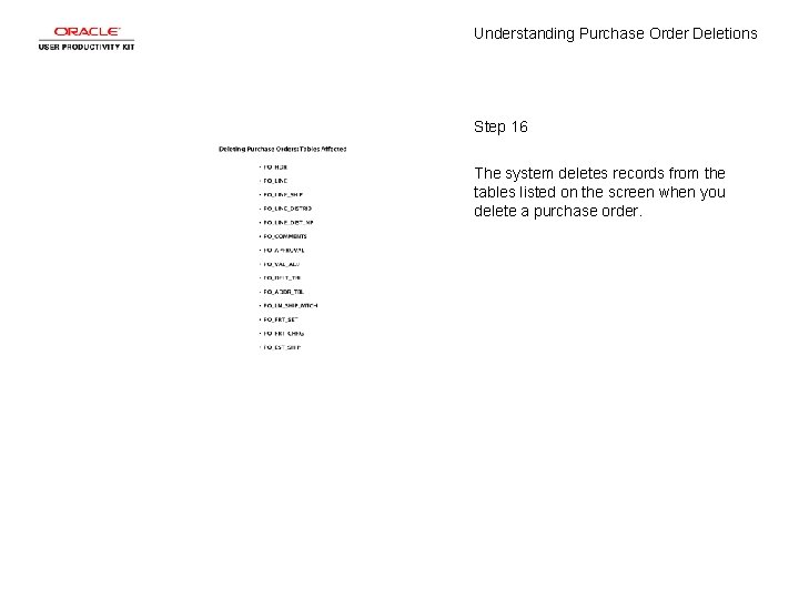 Understanding Purchase Order Deletions Step 16 The system deletes records from the tables listed