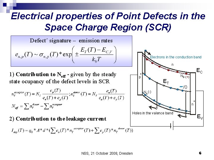 Electrical properties of Point Defects in the Space Charge Region (SCR) Defect´ signature –