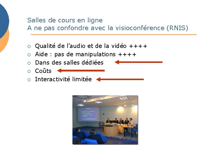 Salles de cours en ligne A ne pas confondre avec la visioconférence (RNIS) ¡