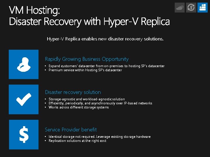 Hyper-V Replica enables new disaster recovery solutions. Rapidly Growing Business Opportunity • Expand customers’