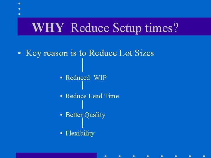 WHY Reduce Setup times? • Key reason is to Reduce Lot Sizes • Reduced