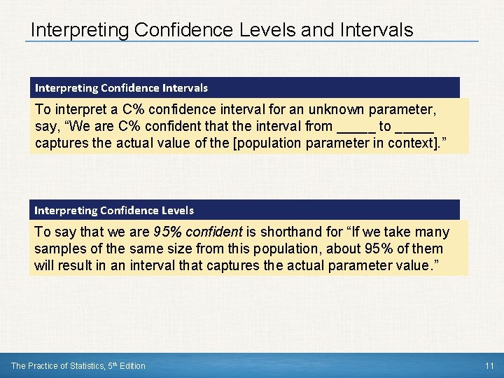 Interpreting Confidence Levels and Intervals Interpreting Confidence Intervals To interpret a C% confidence interval
