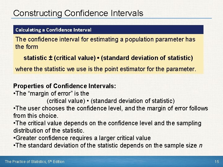 Constructing Confidence Intervals Calculating a Confidence Interval The confidence interval for estimating a population