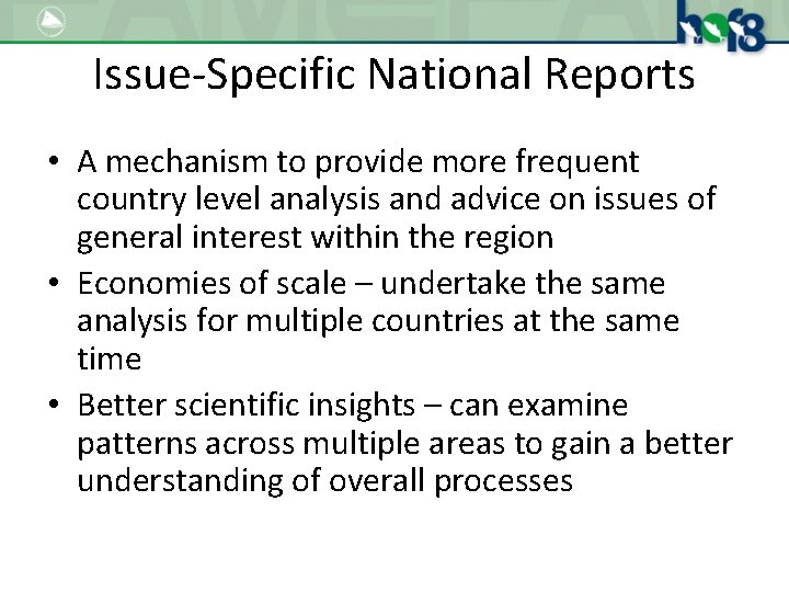 Issue-Specific National Reports • A mechanism to provide more frequent country level analysis and