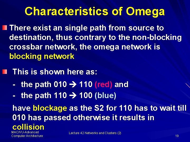 Characteristics of Omega There exist an single path from source to destination, thus contrary