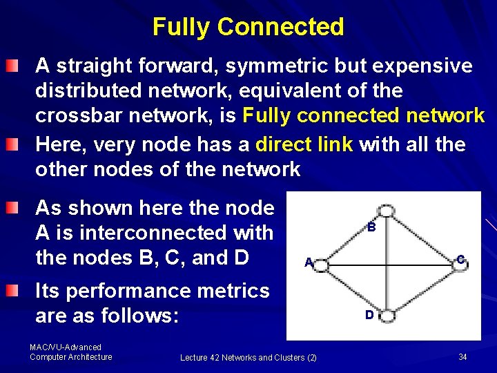 Fully Connected A straight forward, symmetric but expensive distributed network, equivalent of the crossbar