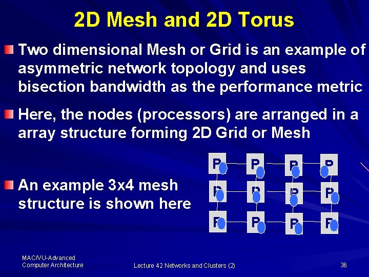 2 D Mesh and 2 D Torus Two dimensional Mesh or Grid is an