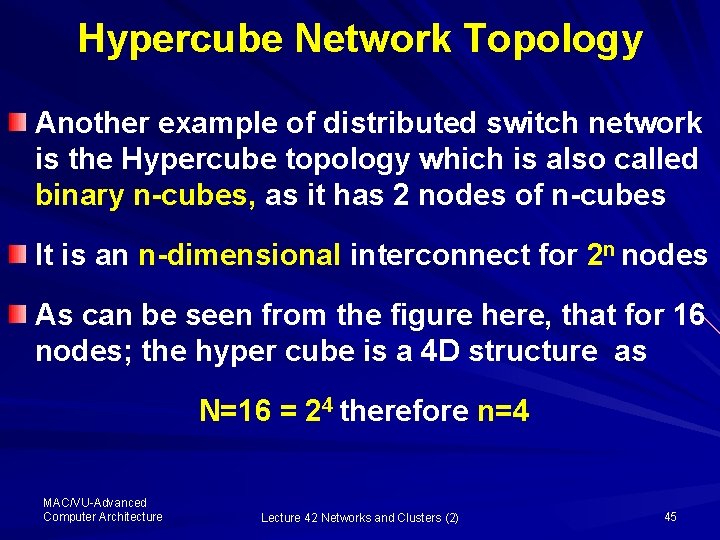 Hypercube Network Topology Another example of distributed switch network is the Hypercube topology which