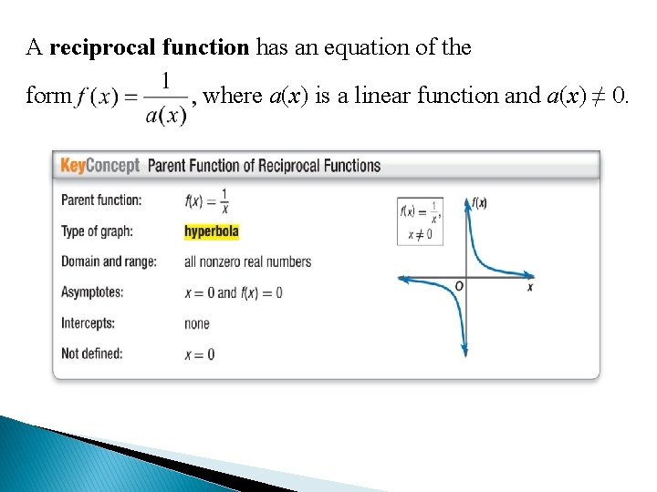 A reciprocal function has an equation of the form where a(x) is a linear