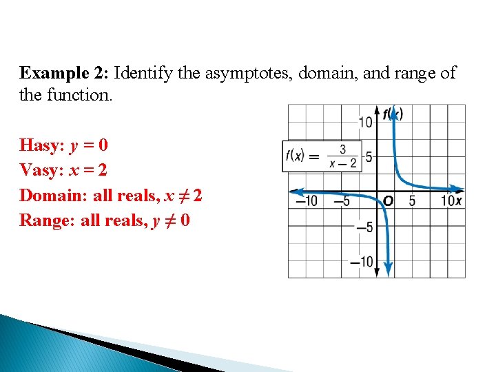 Example 2: Identify the asymptotes, domain, and range of the function. Hasy: y =