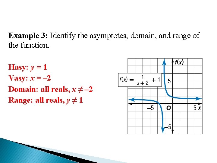 Example 3: Identify the asymptotes, domain, and range of the function. Hasy: y =