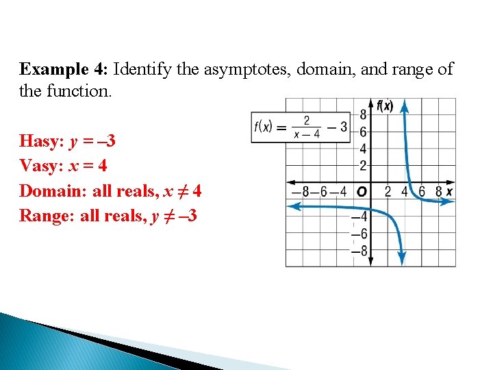 Example 4: Identify the asymptotes, domain, and range of the function. Hasy: y =