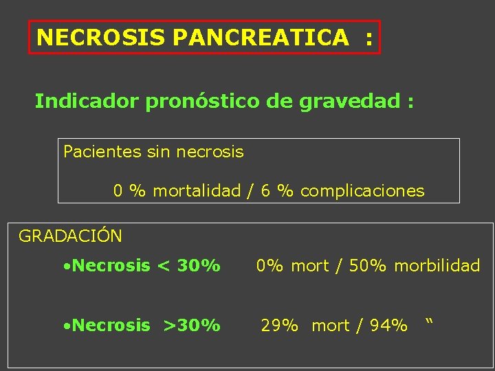 NECROSIS PANCREATICA : Indicador pronóstico de gravedad : Pacientes sin necrosis 0 % mortalidad