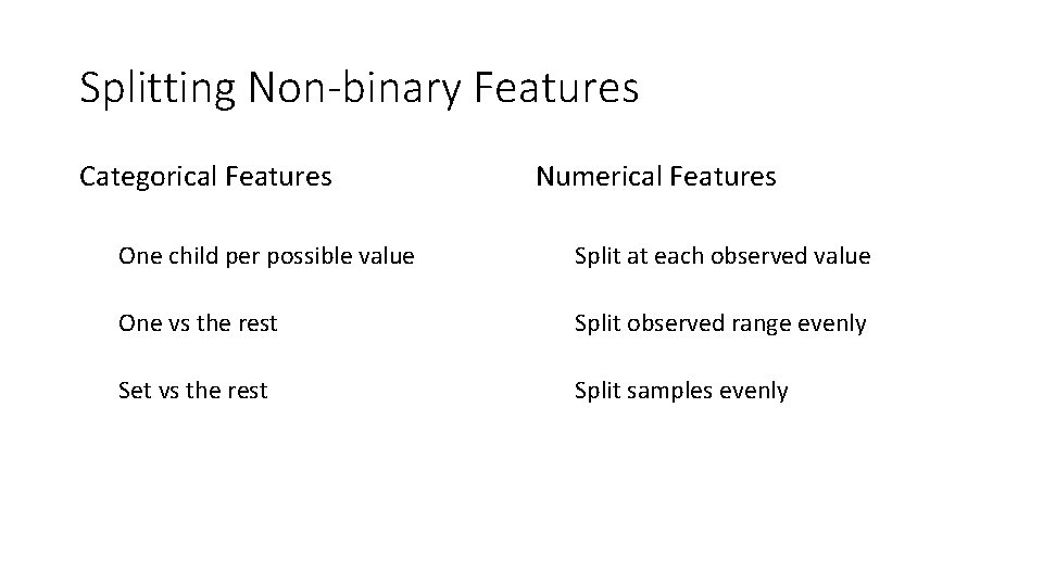 Splitting Non-binary Features Categorical Features Numerical Features One child per possible value Split at Splitting Non-binary Features Categorical Features Numerical Features One child per possible value Split at