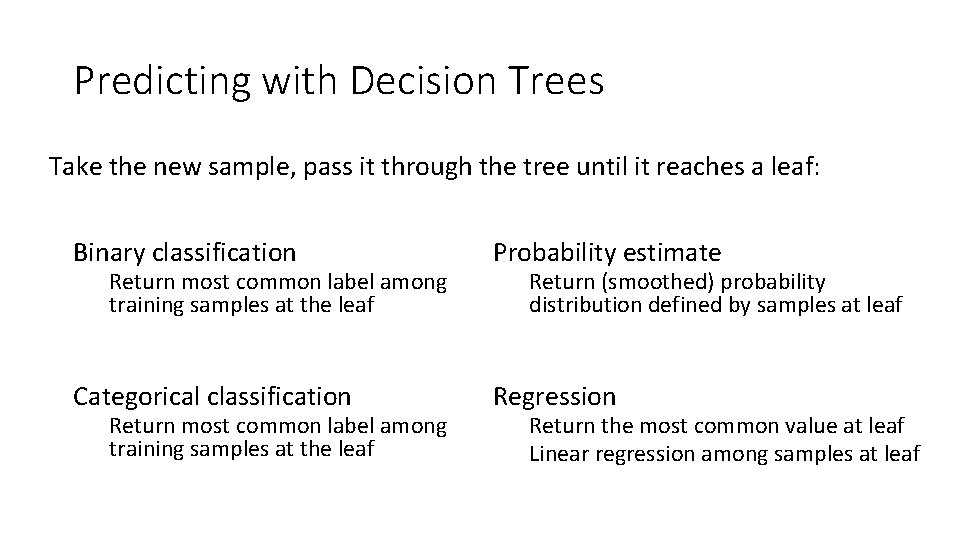 Predicting with Decision Trees Take the new sample, pass it through the tree until